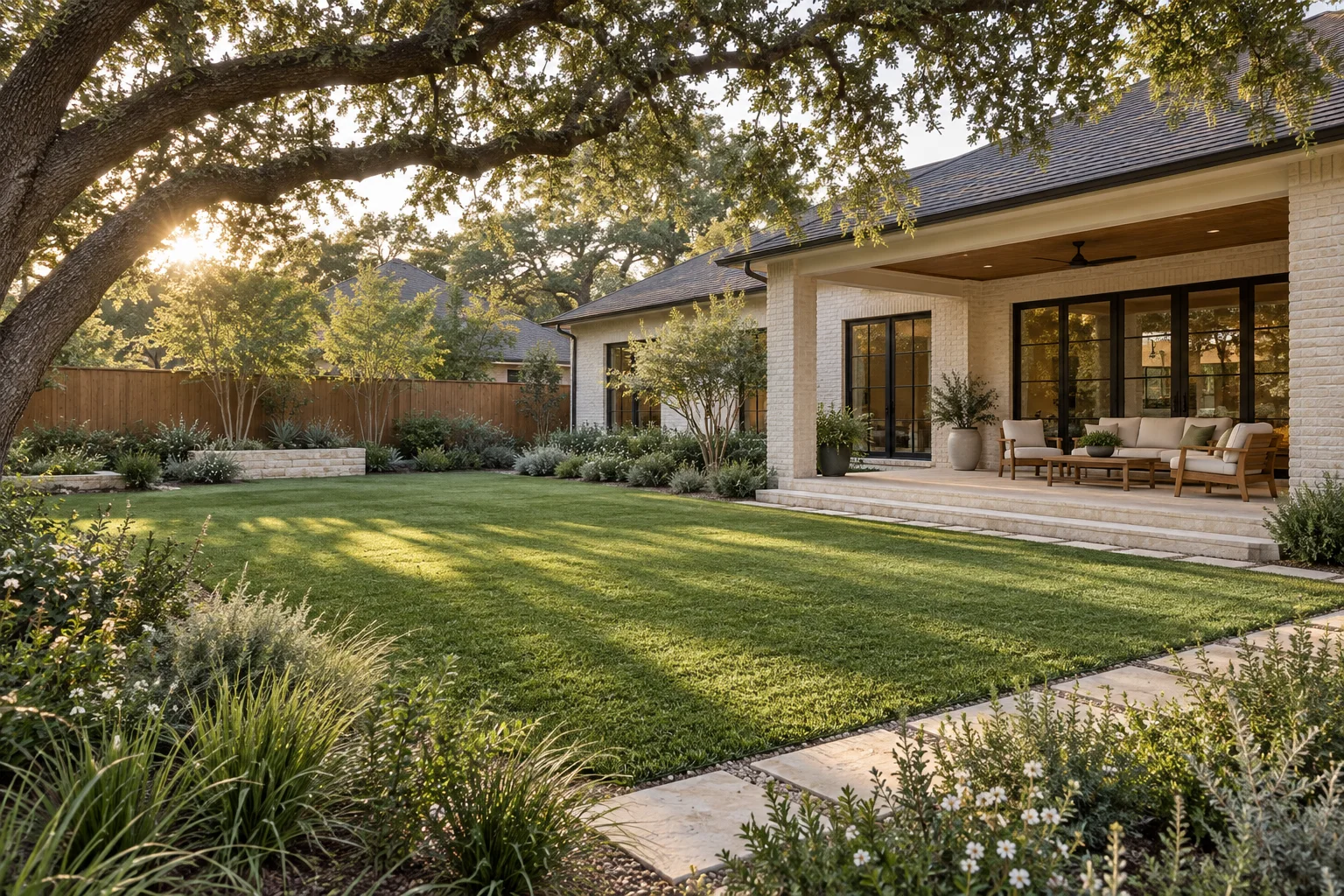 Design concept of an oak-shaded turf backyard with a brick home and welcoming covered patio
