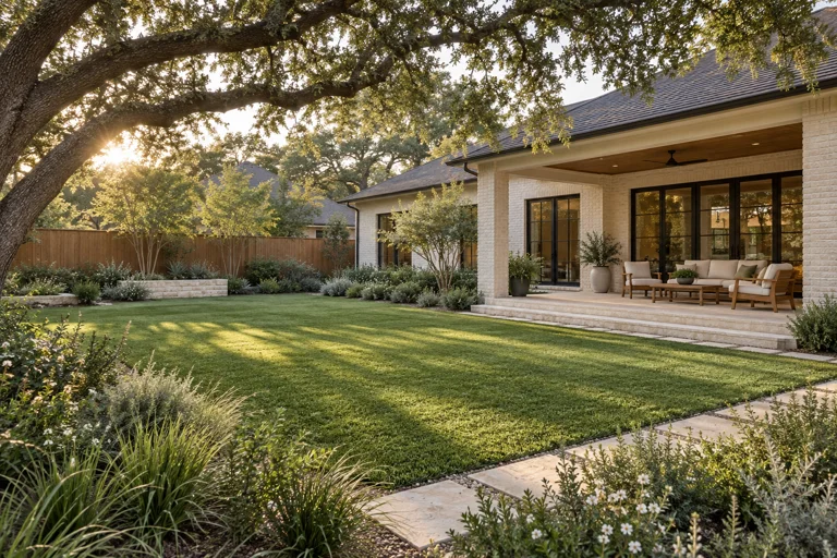 Backyard turf design inspiration with a shaded patio